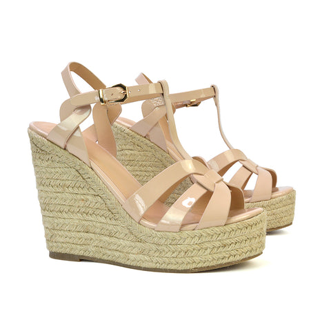 Alexis Strappy Espadrille Platform Wedge Heel Sandals in Black Patent