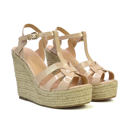 Alexis Strappy Espadrille Platform Wedge Heel Sandals in White Patent