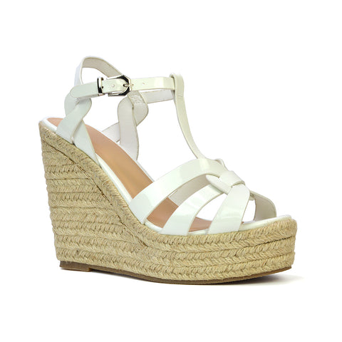 Alexis Strappy Espadrille Platform Wedge Heel Sandals in White Patent