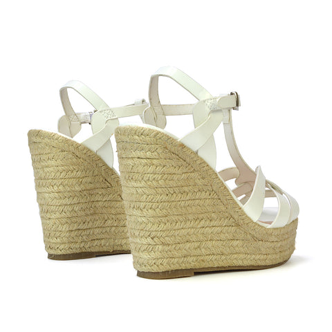 Alexis Strappy Espadrille Platform Wedge Heel Sandals in Nude Patent