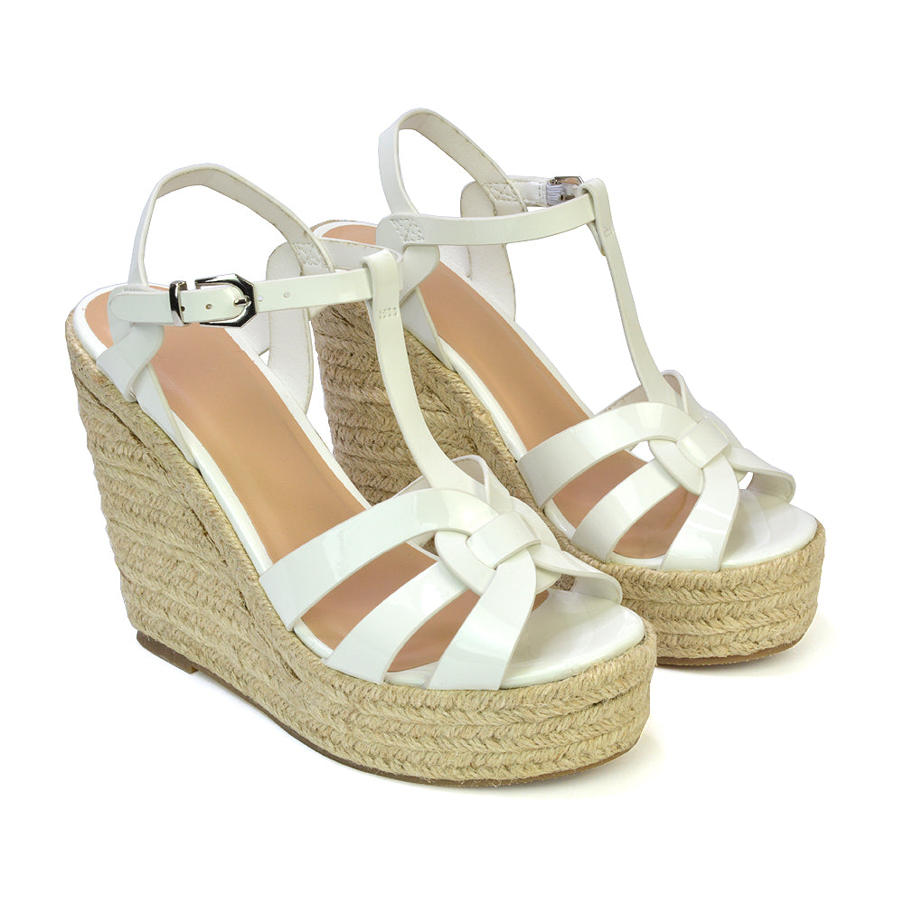 Alexis Strappy Espadrille Platform Wedge Heel Sandals in Nude Patent