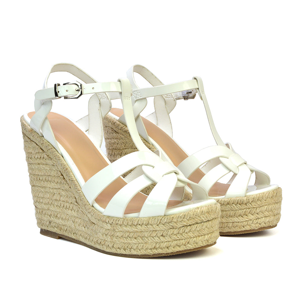 Alexis Strappy Espadrille Platform Wedge Heel Sandals in Nude Patent