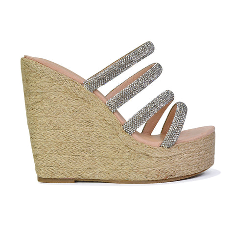 Nalini Diamante Strappy Platform Sandal Wedge Heels in Rose Gold