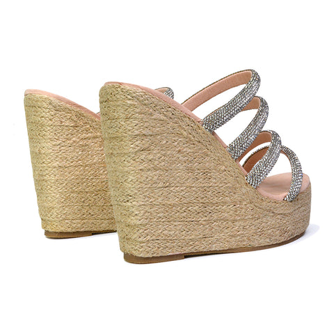 Nalini Diamante Strappy Platform Sandal Wedge Heels in Rose Gold