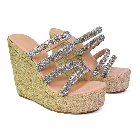 Nalini Diamante Strappy Platform Sandal Wedge Heels in Silver