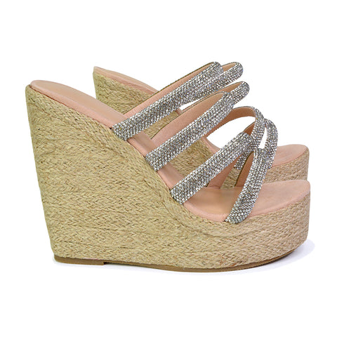 Nalini Diamante Strappy Platform Sandal Wedge Heels in Silver