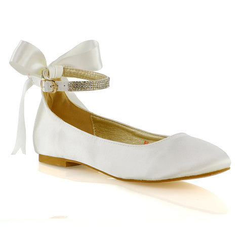 Penelope Bow Detail Diamante Strappy Bridal Wedding Flat Ballerina Bridal Shoes in White Satin