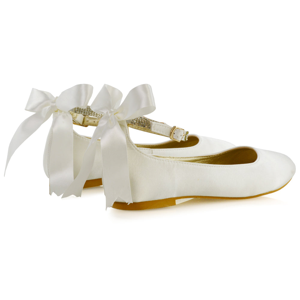 Penelope Bow Detail Diamante Strappy Bridal Wedding Flat Ballerina Bridal Shoes in White Satin