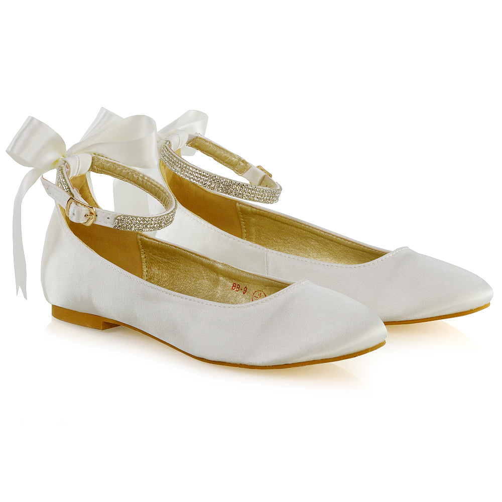 Penelope Bow Detail Diamante Strappy Bridal Wedding Flat Ballerina Bridal Shoes in White Satin