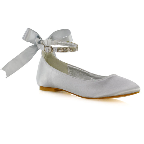 Penelope Bow Detail Diamante Strappy Bridal Wedding Flat Ballerina Bridal Shoes in White Satin