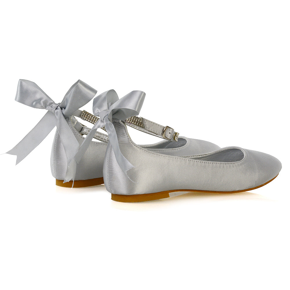 Penelope Bow Detail Diamante Strappy Bridal Wedding Flat Ballerina Bridal Shoes in White Satin