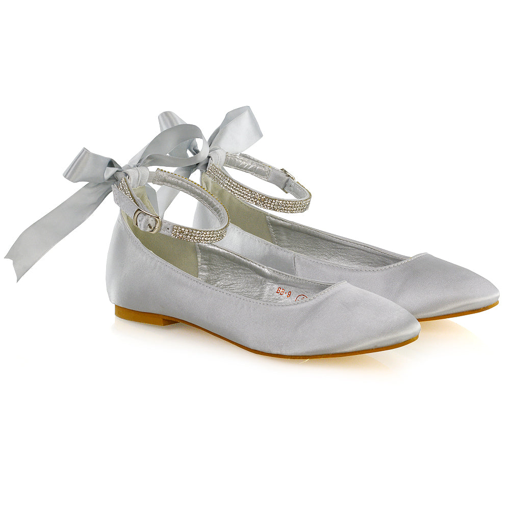 Penelope Bow Detail Diamante Strappy Bridal Wedding Flat Ballerina Bridal Shoes in White Satin