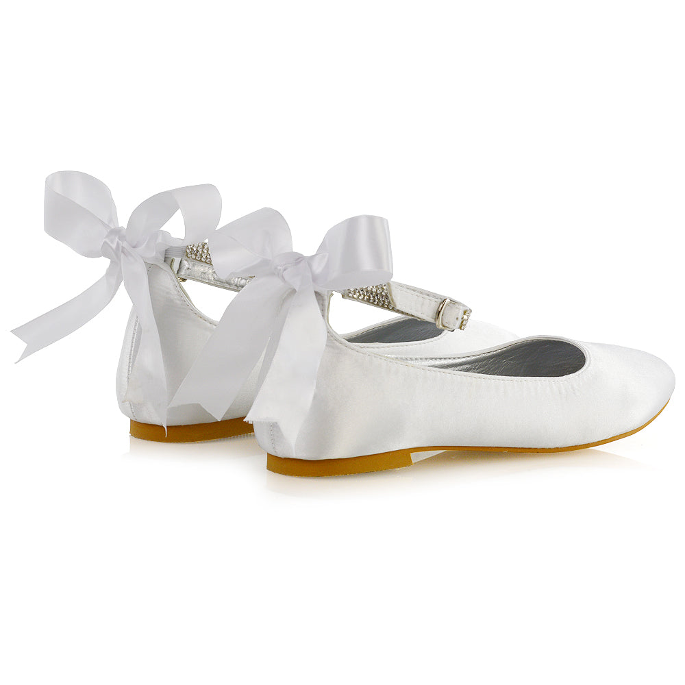 Penelope Bow Detail Diamante Strappy Bridal Wedding Flat Ballerina Bridal Shoes in White Satin