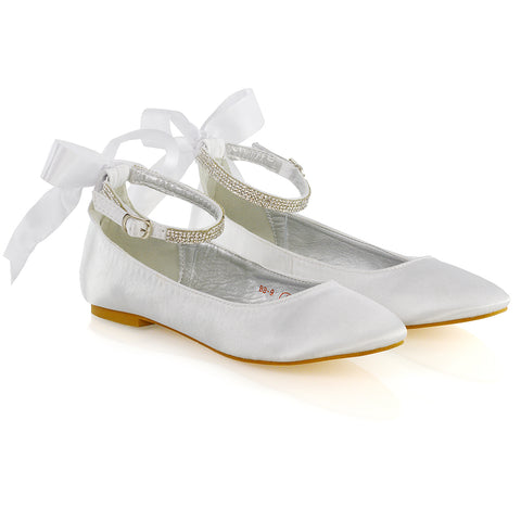 Penelope Bow Detail Diamante Strappy Bridal Wedding Flat Ballerina Bridal Shoes in White Satin