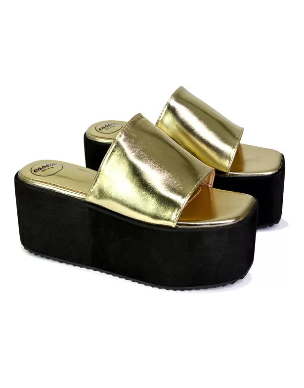 Kaiya Square Toe Slip on Flatform Sandal Slides in Gold