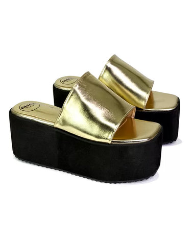 Kaiya Square Toe Slip on Flatform Sandal Slides in Gold