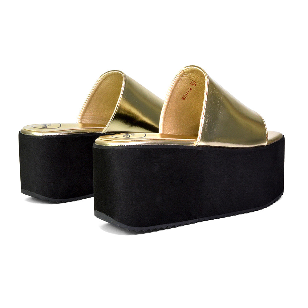 Kaiya Square Toe Slip on Flatform Sandal Slides in Gold