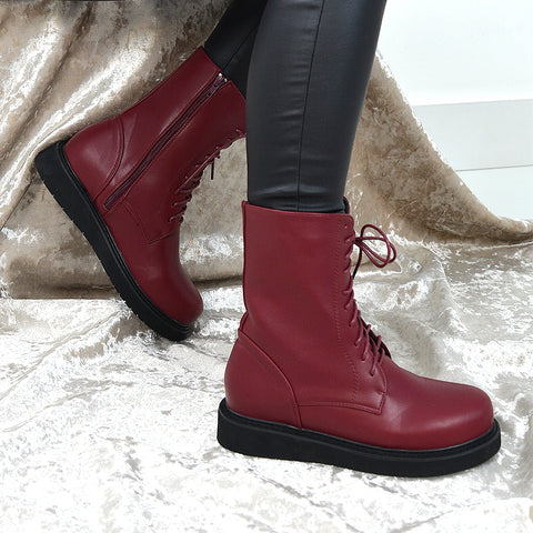 Lizzo Flat Chunky Sole Platform Zip-Up Flatform Lace up Ankle Biker Boots in Burgundy PU