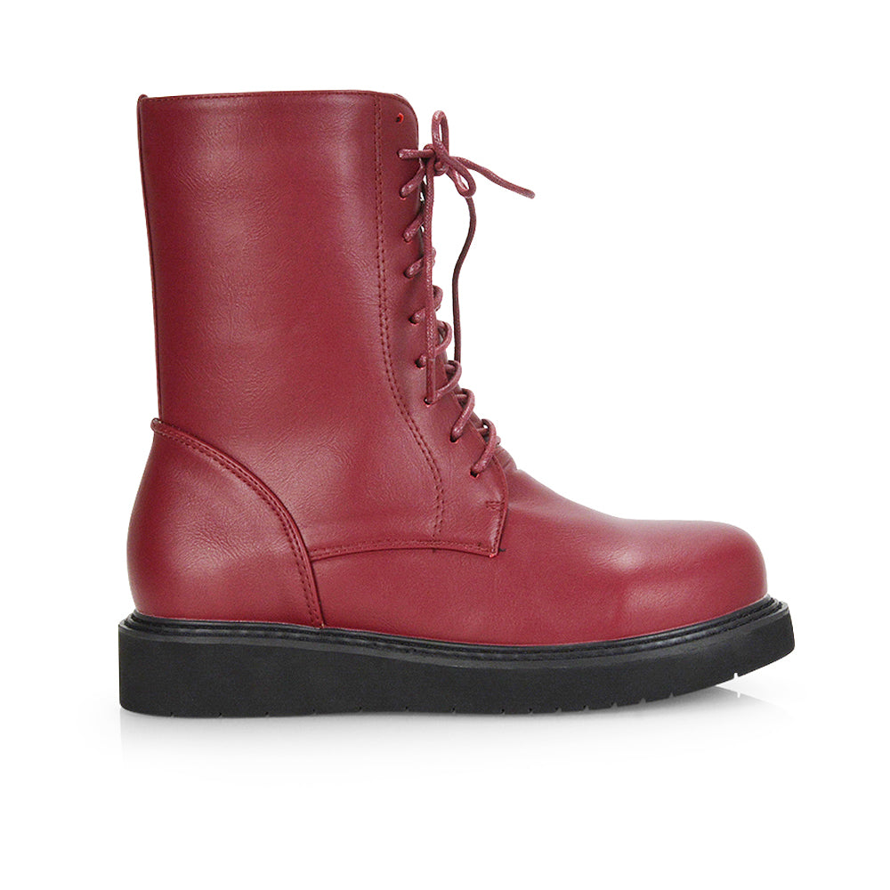 Lizzo Flat Chunky Sole Platform Zip-Up Flatform Lace up Ankle Biker Boots in Burgundy PU