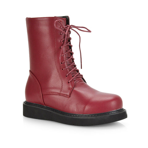 Lizzo Flat Chunky Sole Platform Zip-Up Flatform Lace up Ankle Biker Boots in Burgundy PU