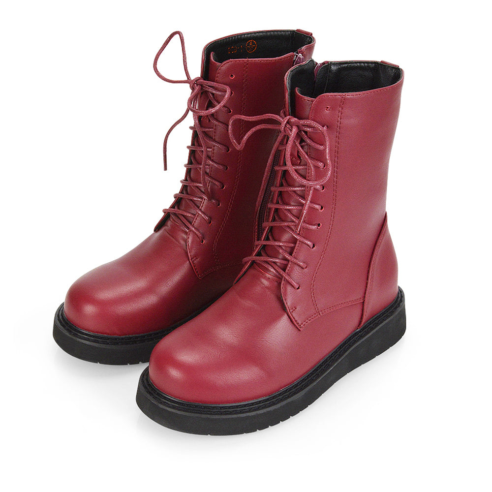 Lizzo Flat Chunky Sole Platform Zip-Up Flatform Lace up Ankle Biker Boots in Burgundy PU