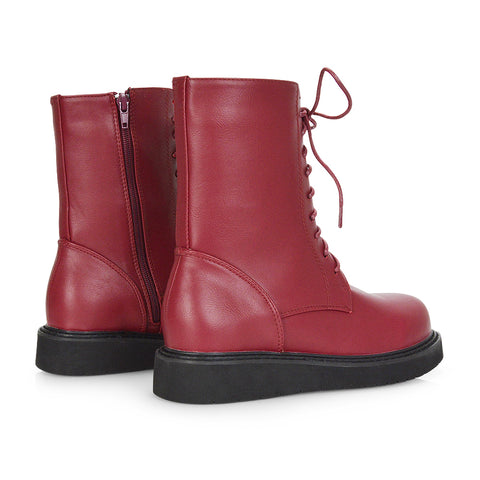 Lizzo Flat Chunky Sole Platform Zip-Up Flatform Lace up Ankle Biker Boots in Burgundy PU