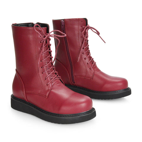 Lizzo Flat Chunky Sole Platform Zip-Up Flatform Lace up Ankle Biker Boots in Burgundy PU