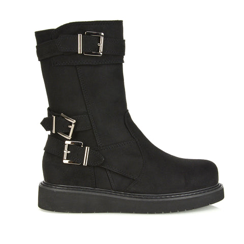 Kady Buckle Detail Flat Low Platform Zip up Biker Ankle Boots in Black Faux Suede