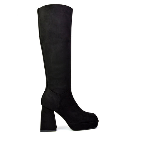 Wren Knee High Boots With Platform Chunky Flared Block Heel In Black Faux Suede