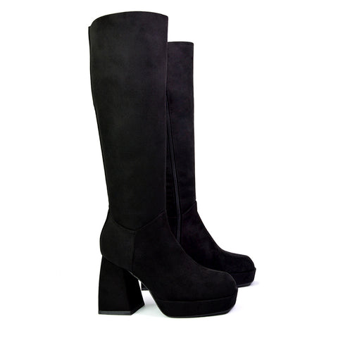 Wren Knee High Boots With Platform Chunky Flared Block Heel In Black Faux Suede