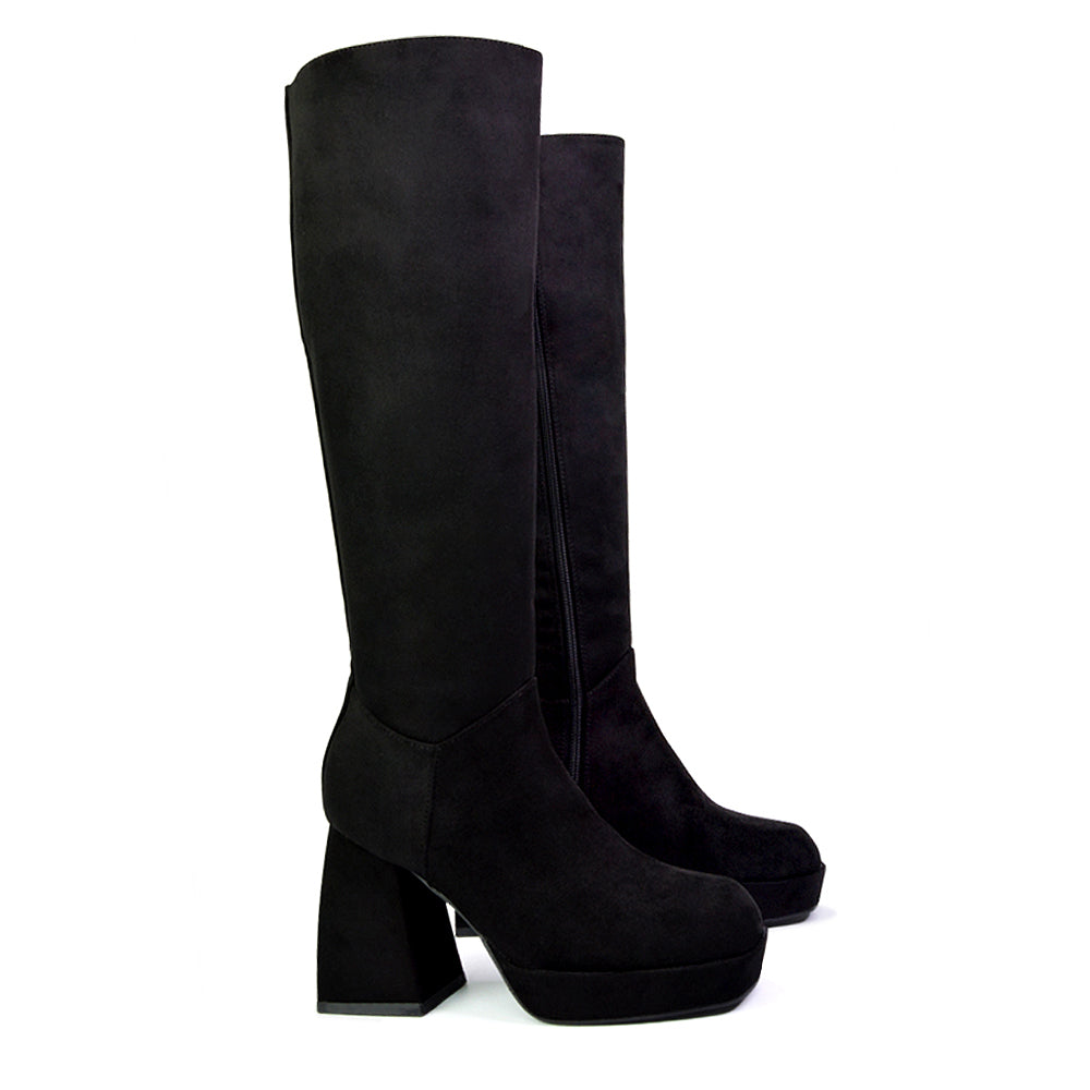 Wren Knee High Boots With Platform Chunky Flared Block Heel In Black Synthetic Leather