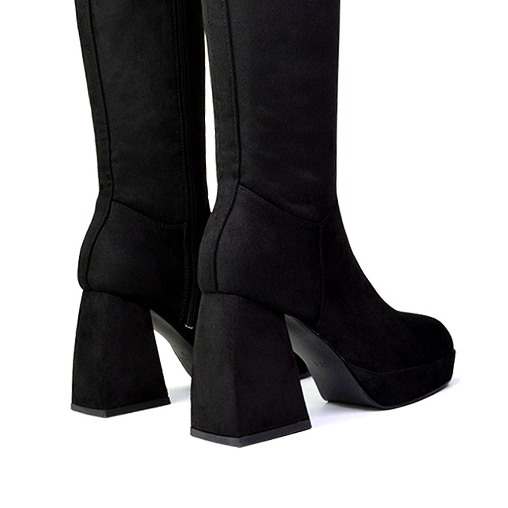 Wren Knee High Boots With Platform Chunky Flared Block Heel In Black Faux Suede