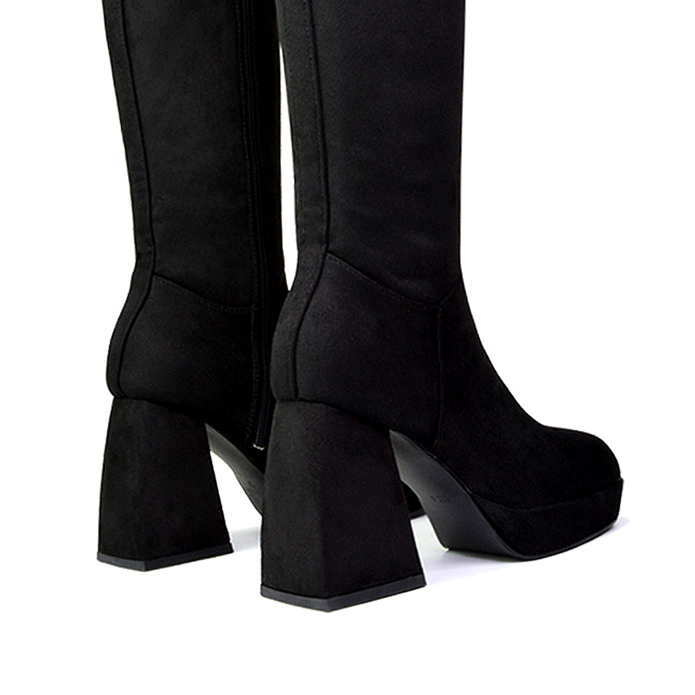 Wren Knee High Boots With Platform Chunky Flared Block Heel In Pink Faux Suede