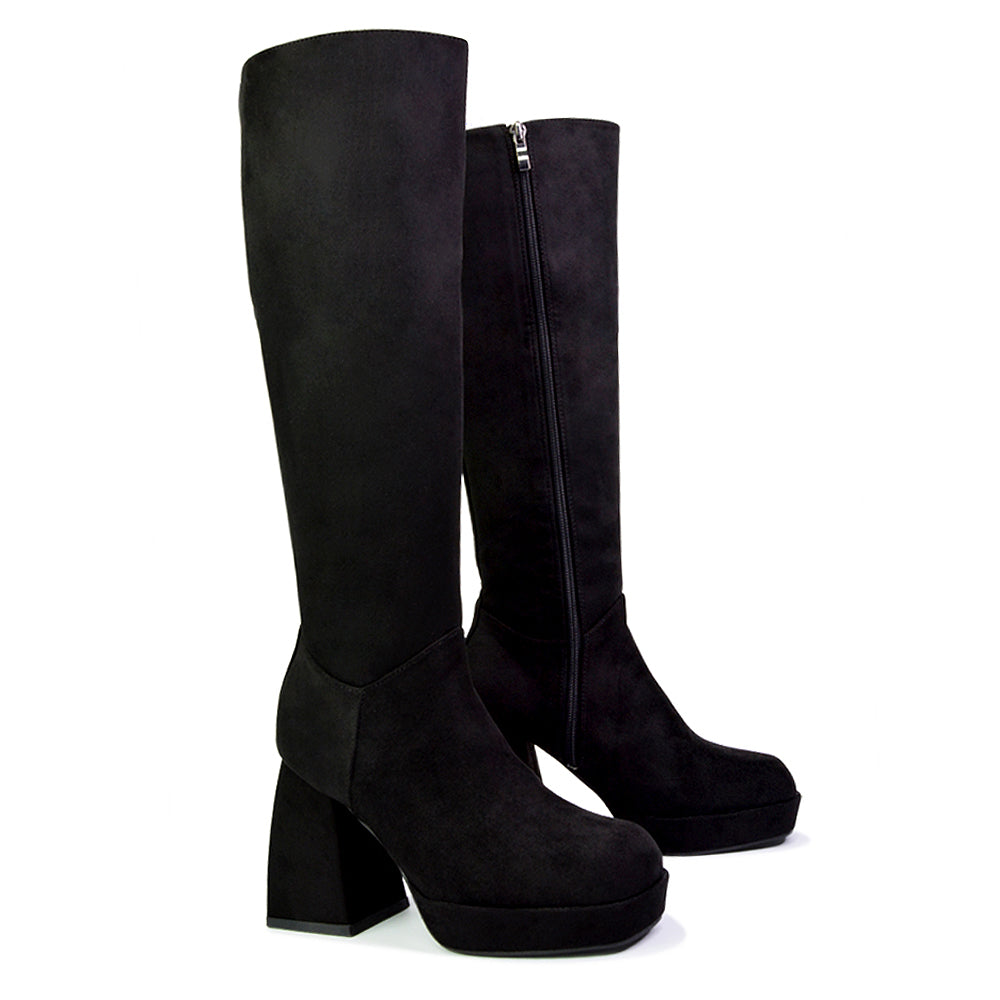 Wren Knee High Boots With Platform Chunky Flared Block Heel In Black Synthetic Leather