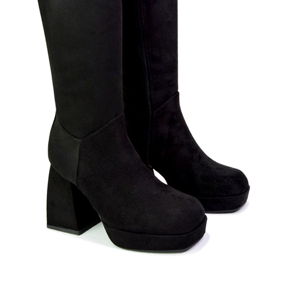 Wren Knee High Boots With Platform Chunky Flared Block Heel In Black Synthetic Leather