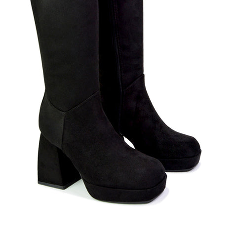 Wren Knee High Boots With Platform Chunky Flared Block Heel In Pink Faux Suede