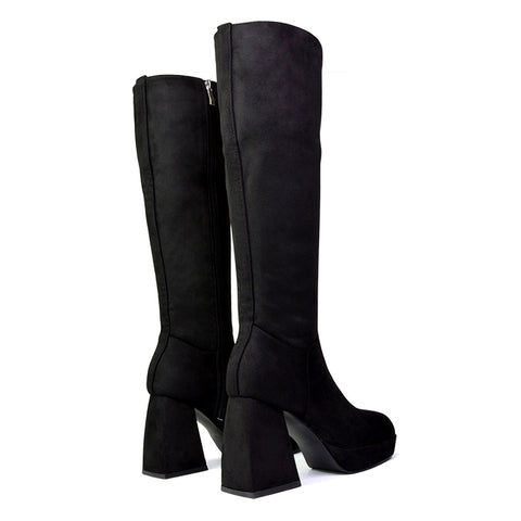 Wren Knee High Boots With Platform Chunky Flared Block Heel In Black Synthetic Leather