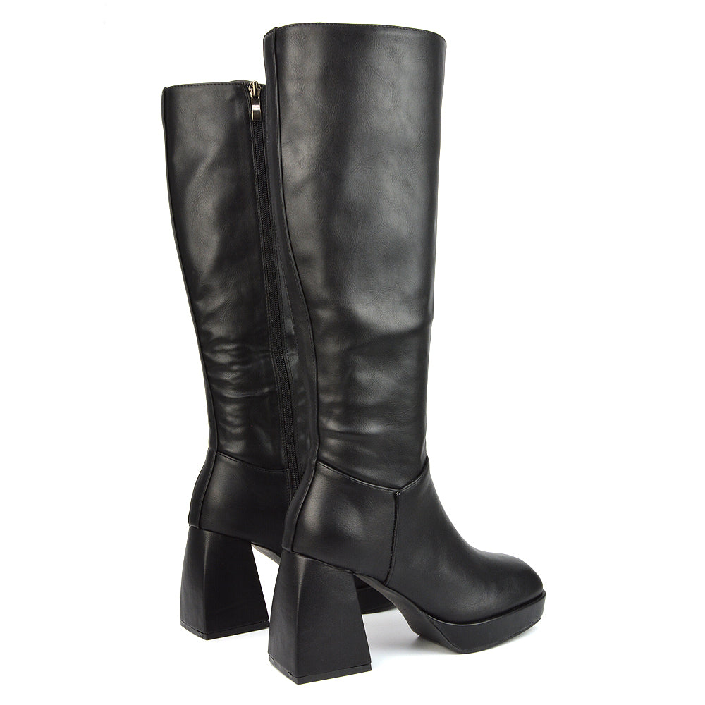 Wren Knee High Boots With Platform Chunky Flared Block Heel In Black Faux Suede