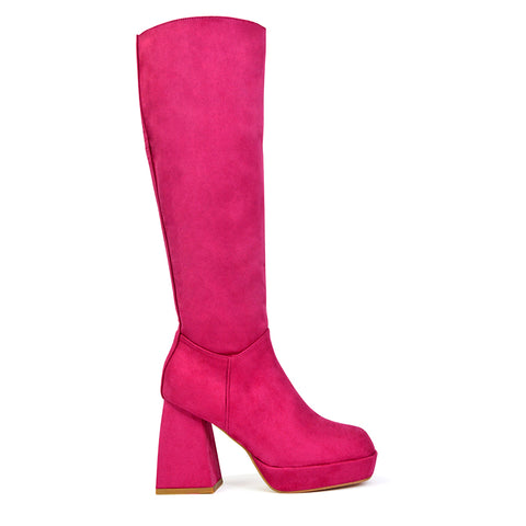 Wren Knee High Boots With Platform Chunky Flared Block Heel In Pink Faux Suede