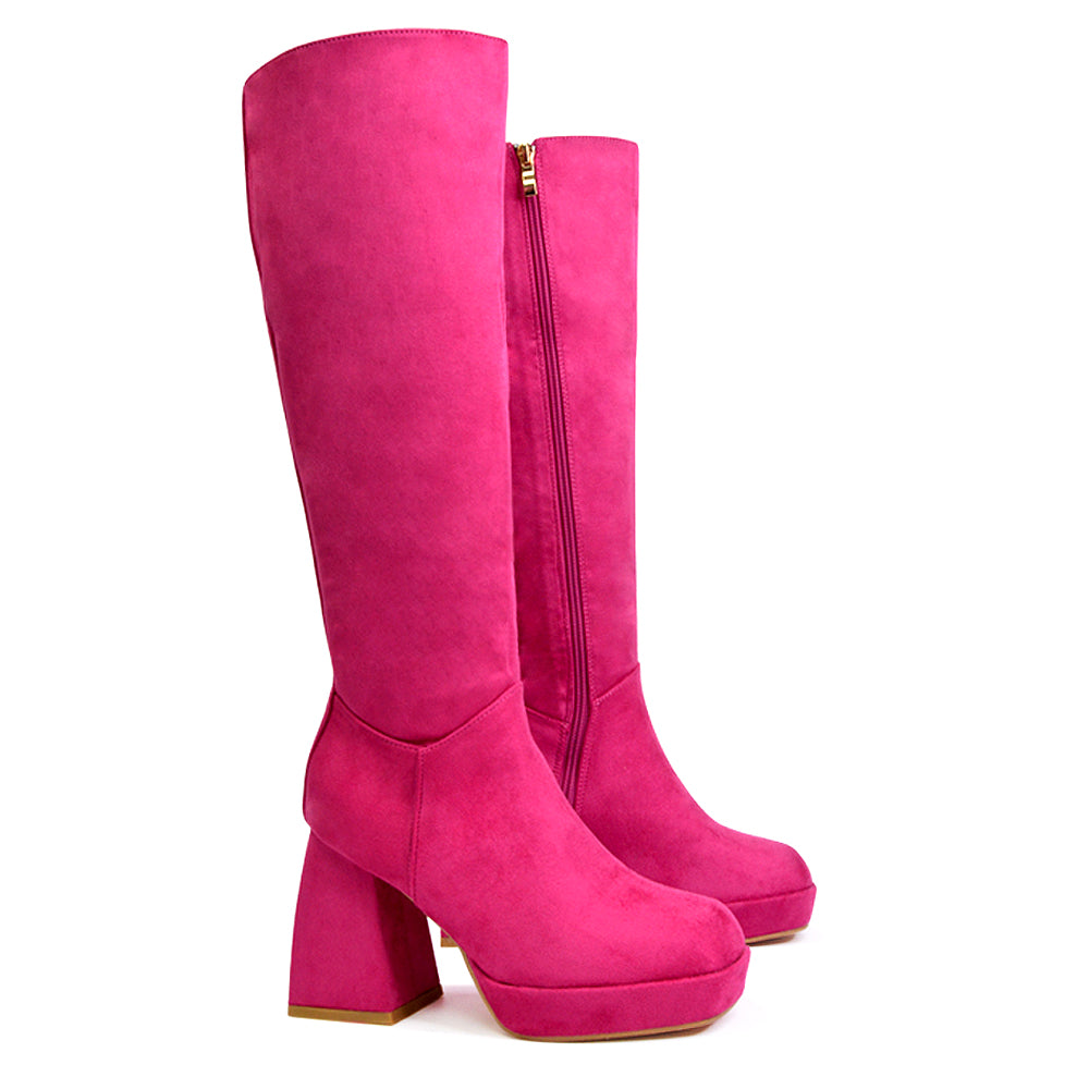 Wren Knee High Boots With Platform Chunky Flared Block Heel In Pink Faux Suede