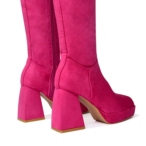 Wren Knee High Boots With Platform Chunky Flared Block Heel In Pink Faux Suede