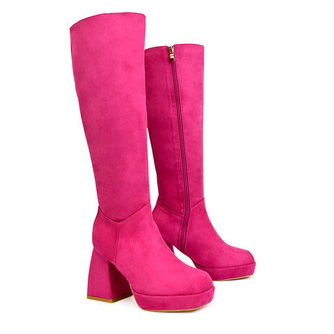 Wren Knee High Boots With Platform Chunky Flared Block Heel In Pink Faux Suede