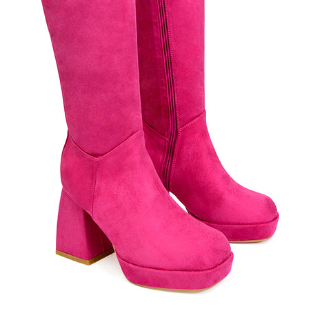 Wren Knee High Boots With Platform Chunky Flared Block Heel In Pink Faux Suede