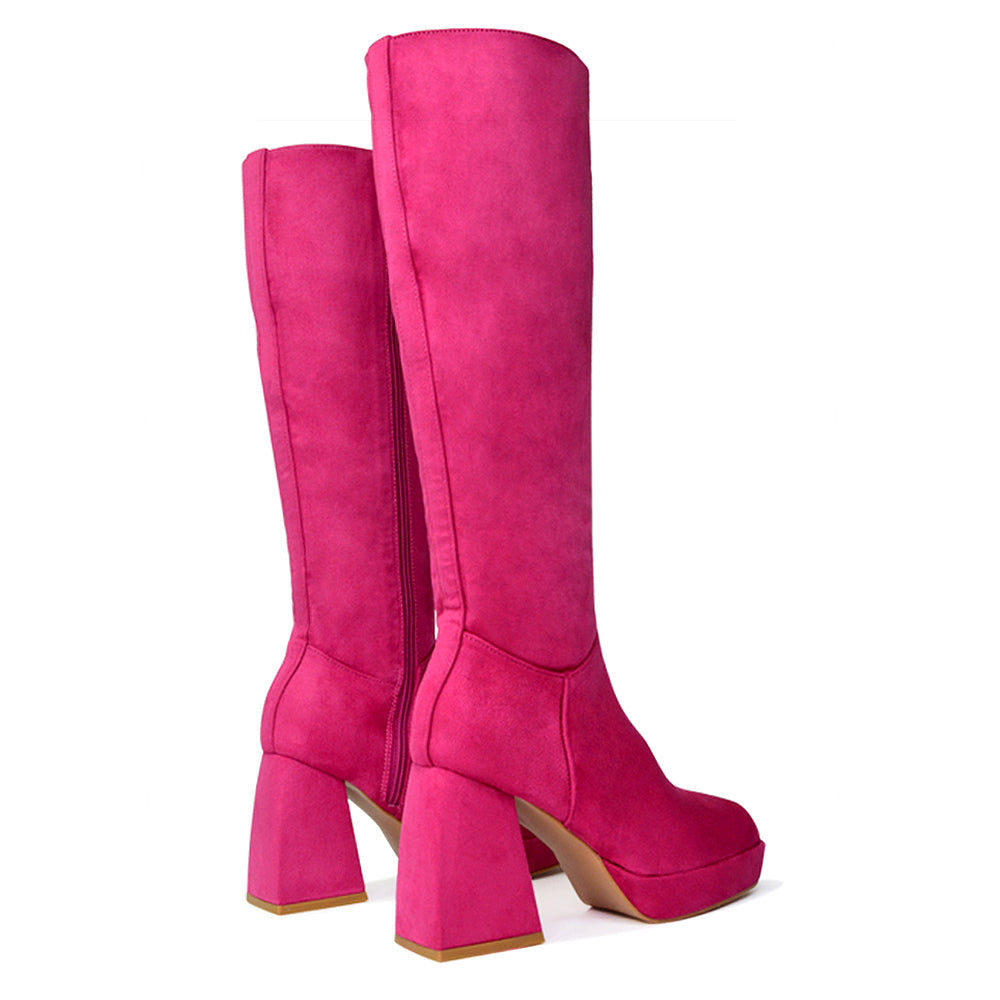 Wren Knee High Boots With Platform Chunky Flared Block Heel In Pink Faux Suede