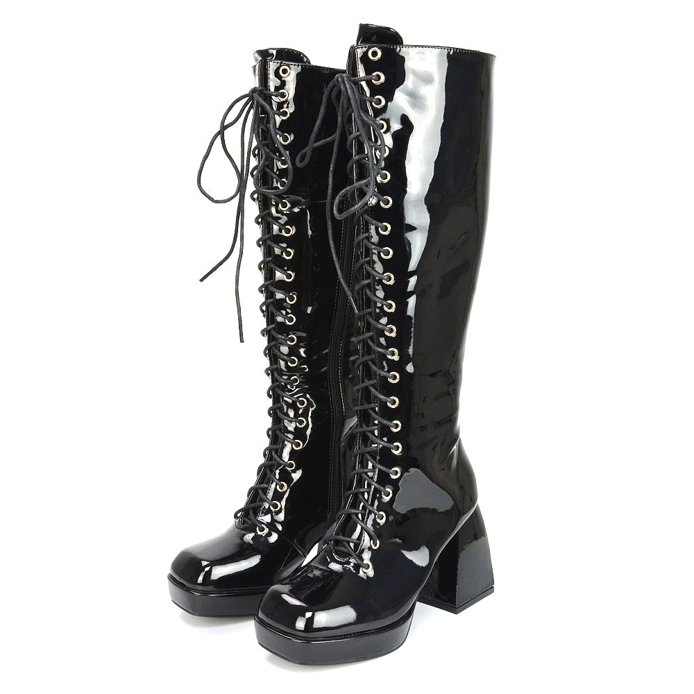 Love Square Toe Chunky Platform Sole Block Heel Knee High Long Lace up Boots in White Patent