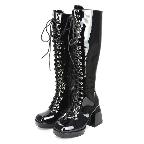 Love Square Toe Chunky Platform Sole Block Heel Knee High Long Lace up Boots in Black Patent