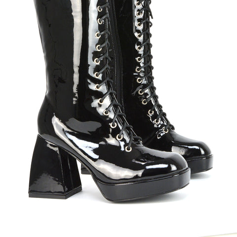 Love Square Toe Chunky Platform Sole Block Heel Knee High Long Lace up Boots in Black Patent