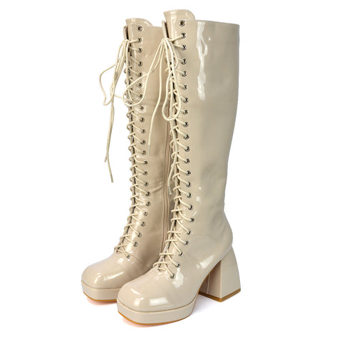 Love Square Toe Chunky Platform Sole Block Heel Knee High Long Lace up Boots in White Patent