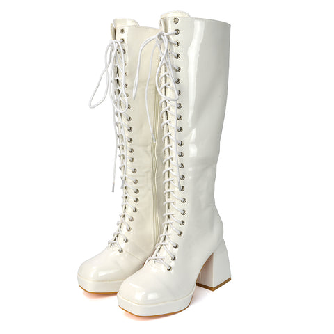 Love Square Toe Chunky Platform Sole Block Heel Knee High Long Lace up Boots in Nude Patent