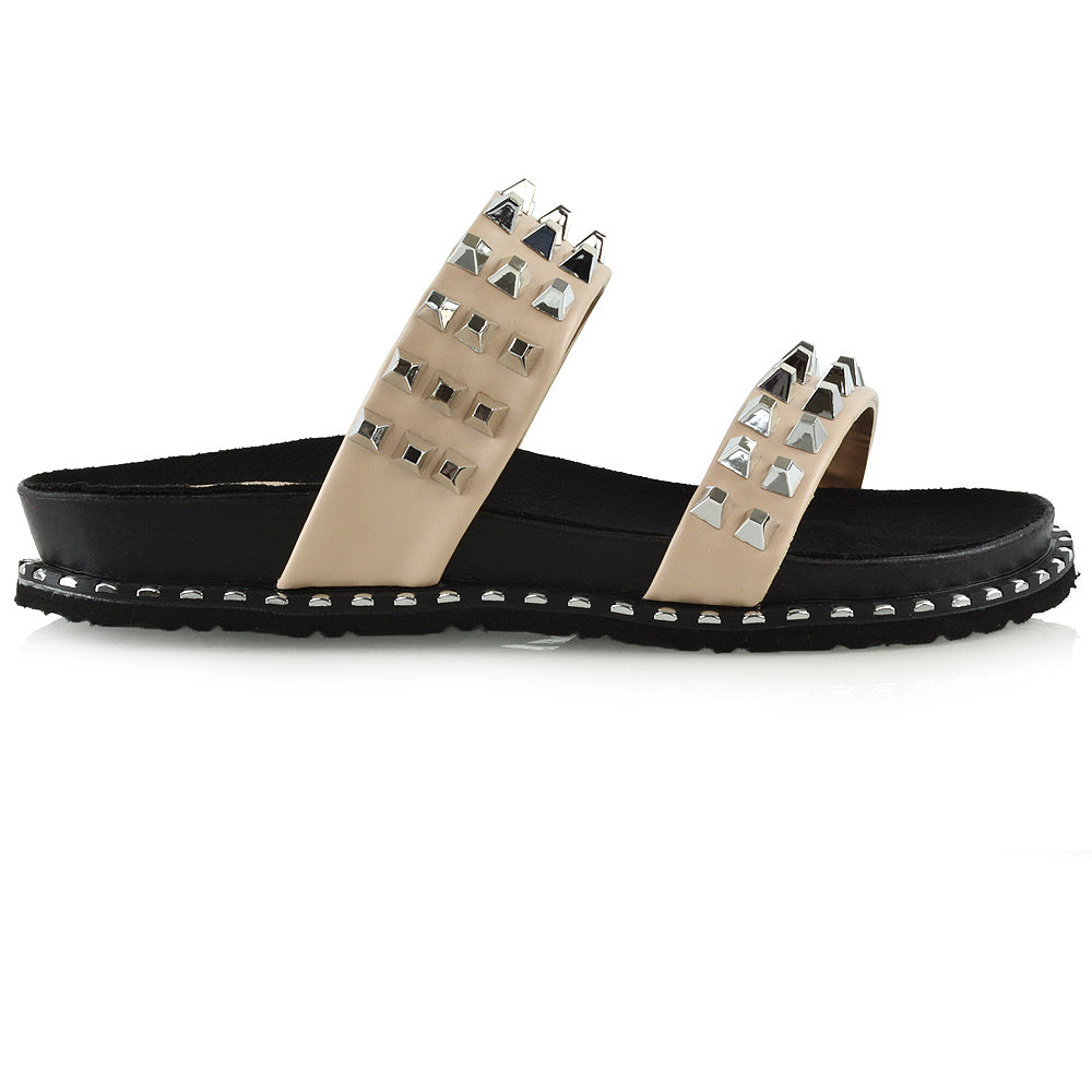 Hattie Slip On Double Strap Flat Summer Sandals Slides With Studs In Nude